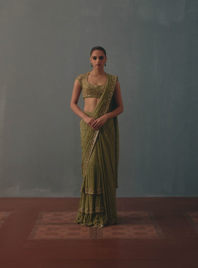 Sage green & pani gold hand embroidered tiered sari set