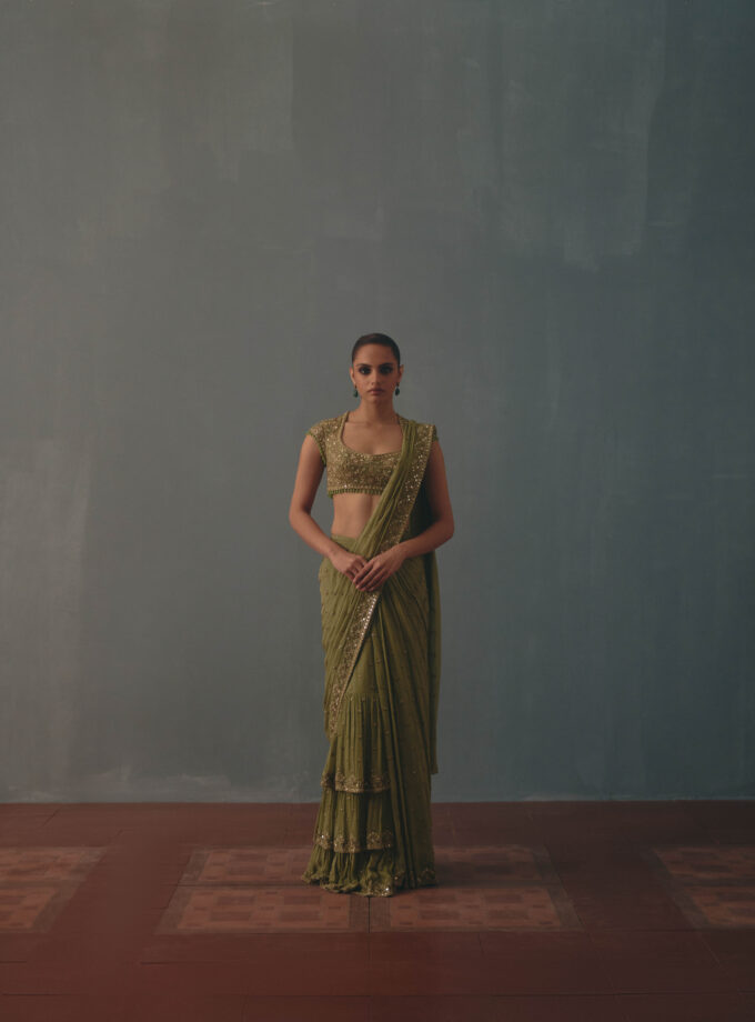 Sage green & pani gold hand embroidered tiered sari set