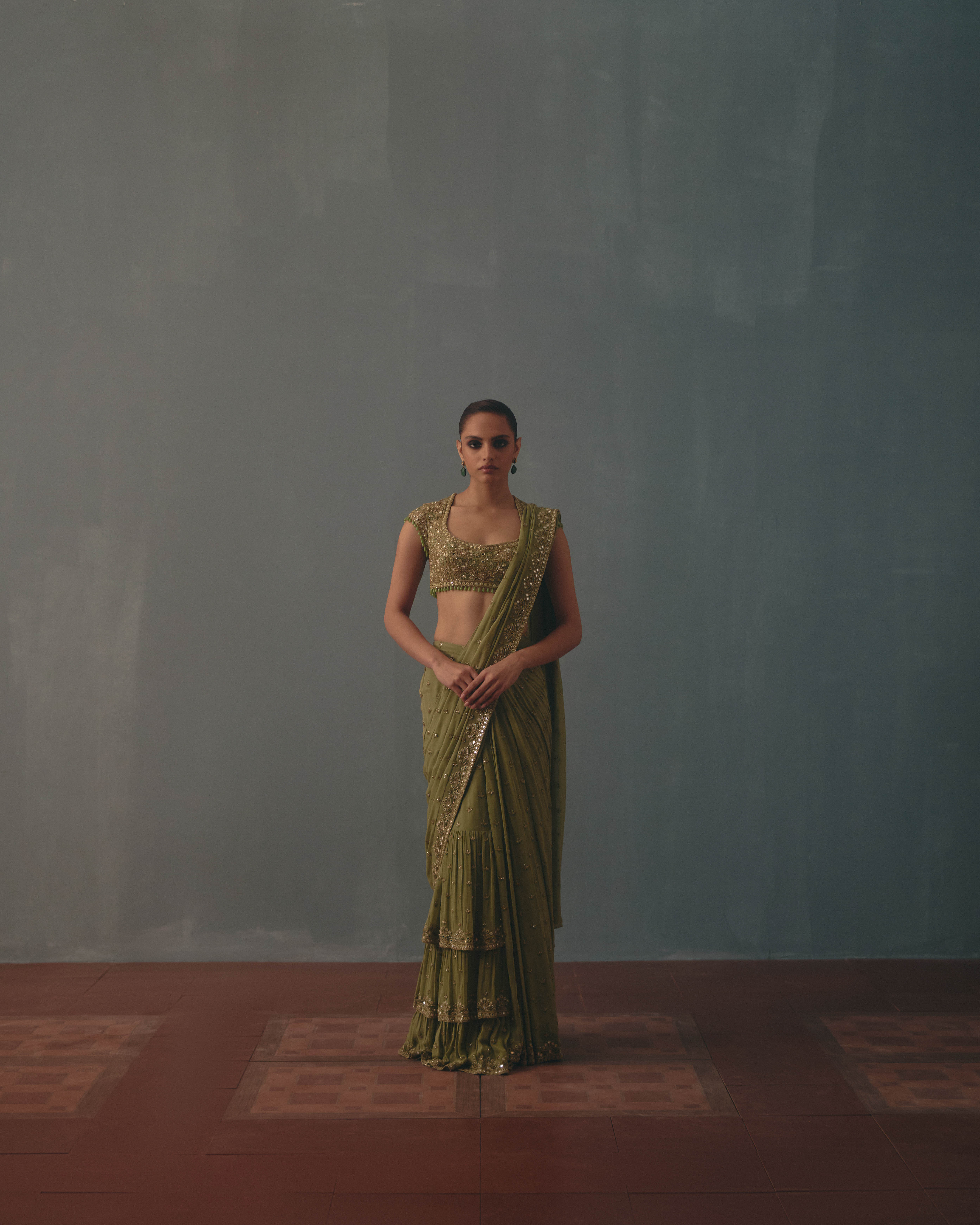 Sage green & pani gold hand embroidered tiered sari set