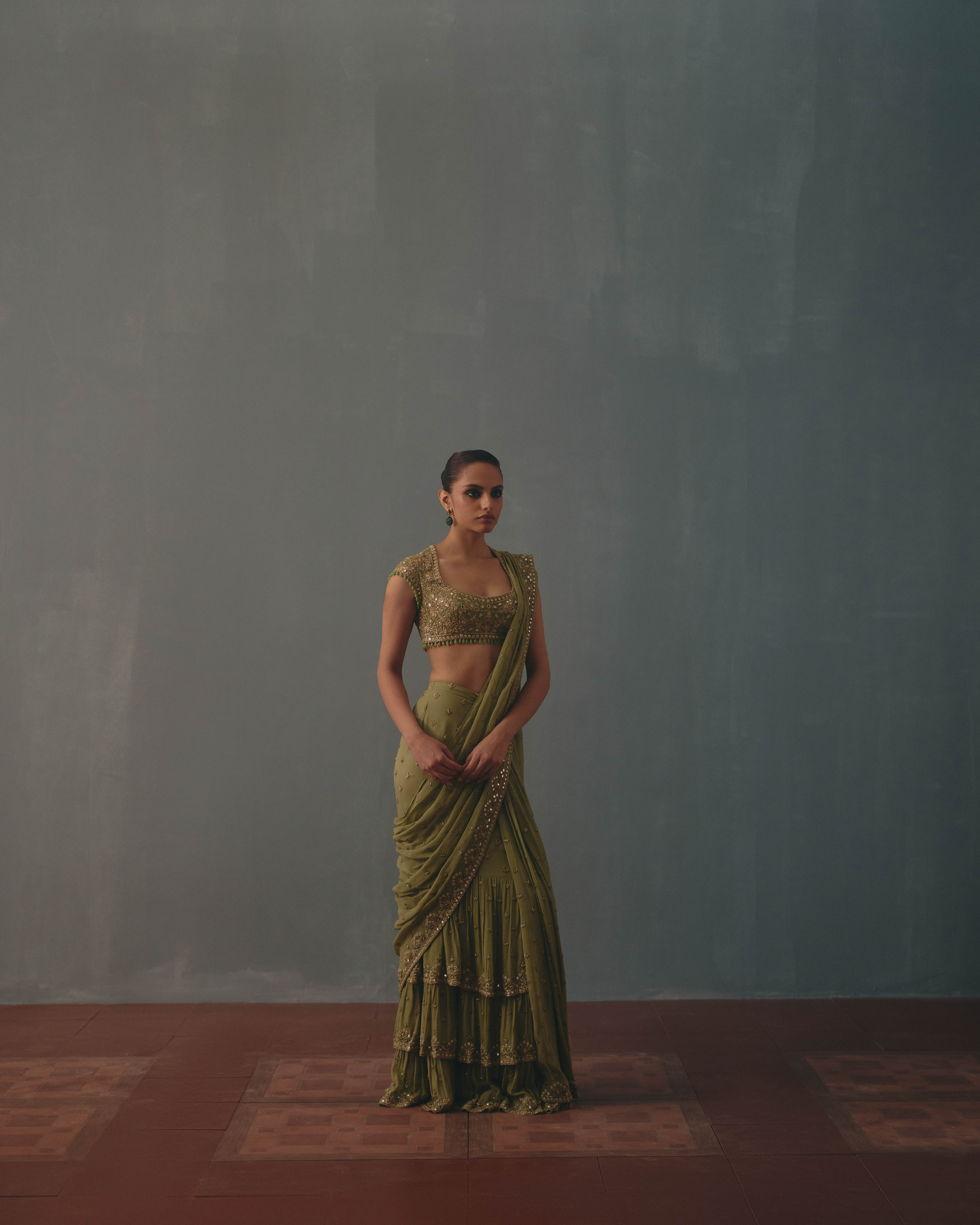 Sage green & pani gold hand embroidered tiered sari set - Image 3