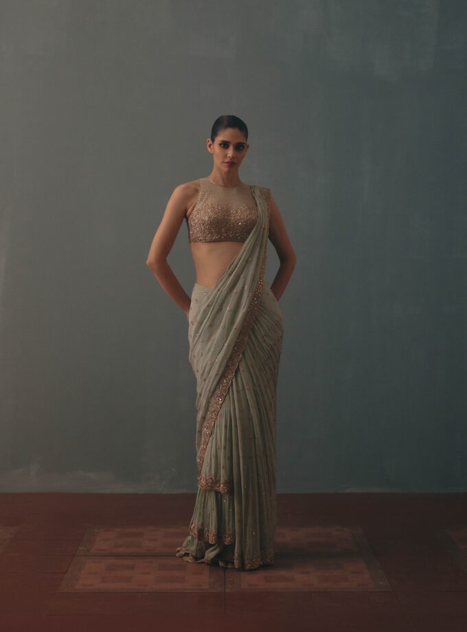 Aqua & rose gold hand embroidered tiered sari set