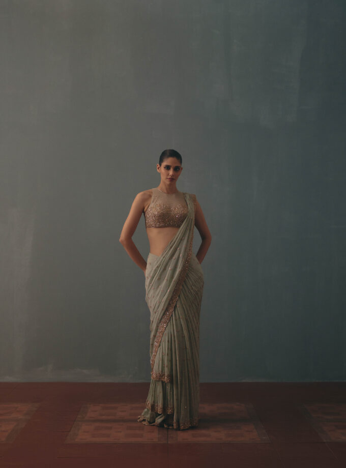 Aqua & rose gold hand embroidered tiered sari set