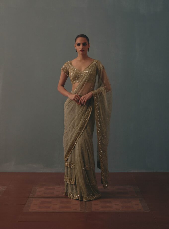 Mint green & pani gold hand embroidered tiered net sari set