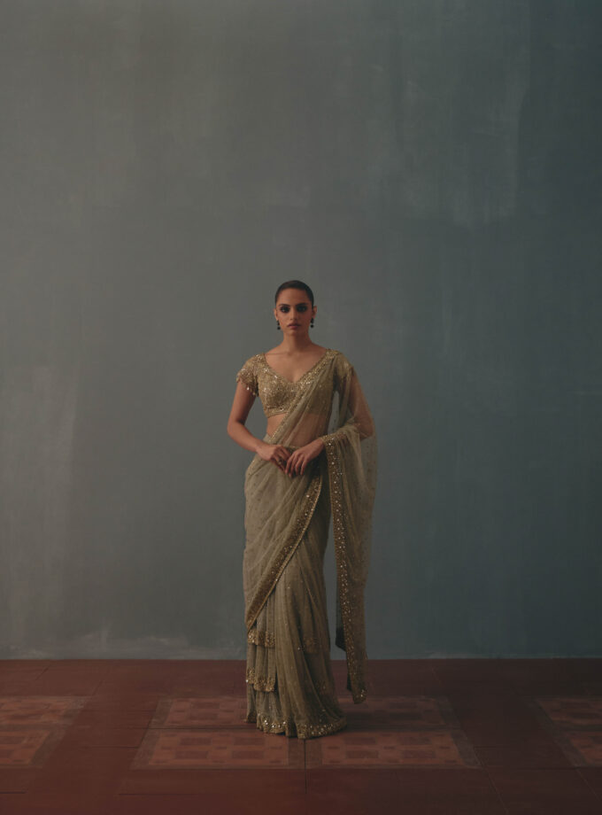 Mint green & pani gold hand embroidered tiered net sari set