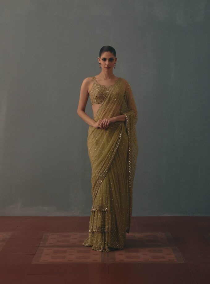 Sage green & pani gold hand embroidered tiered net sari set