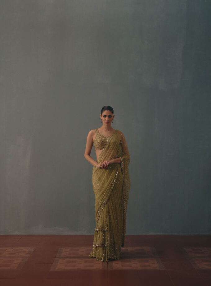 Sage green & pani gold hand embroidered tiered net sari set