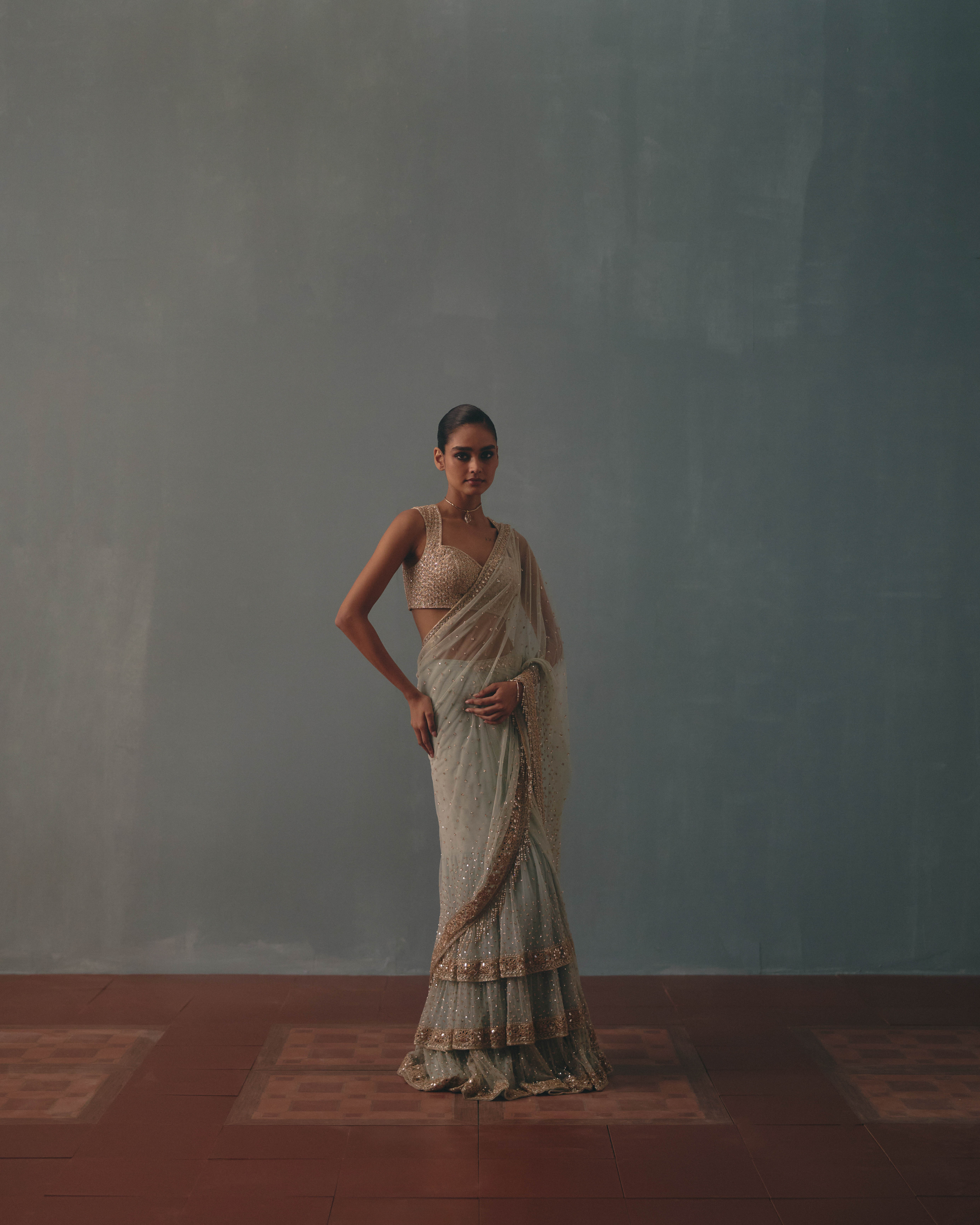 Ice blue & rose gold hand embroidered tiered net sari set - Image 2