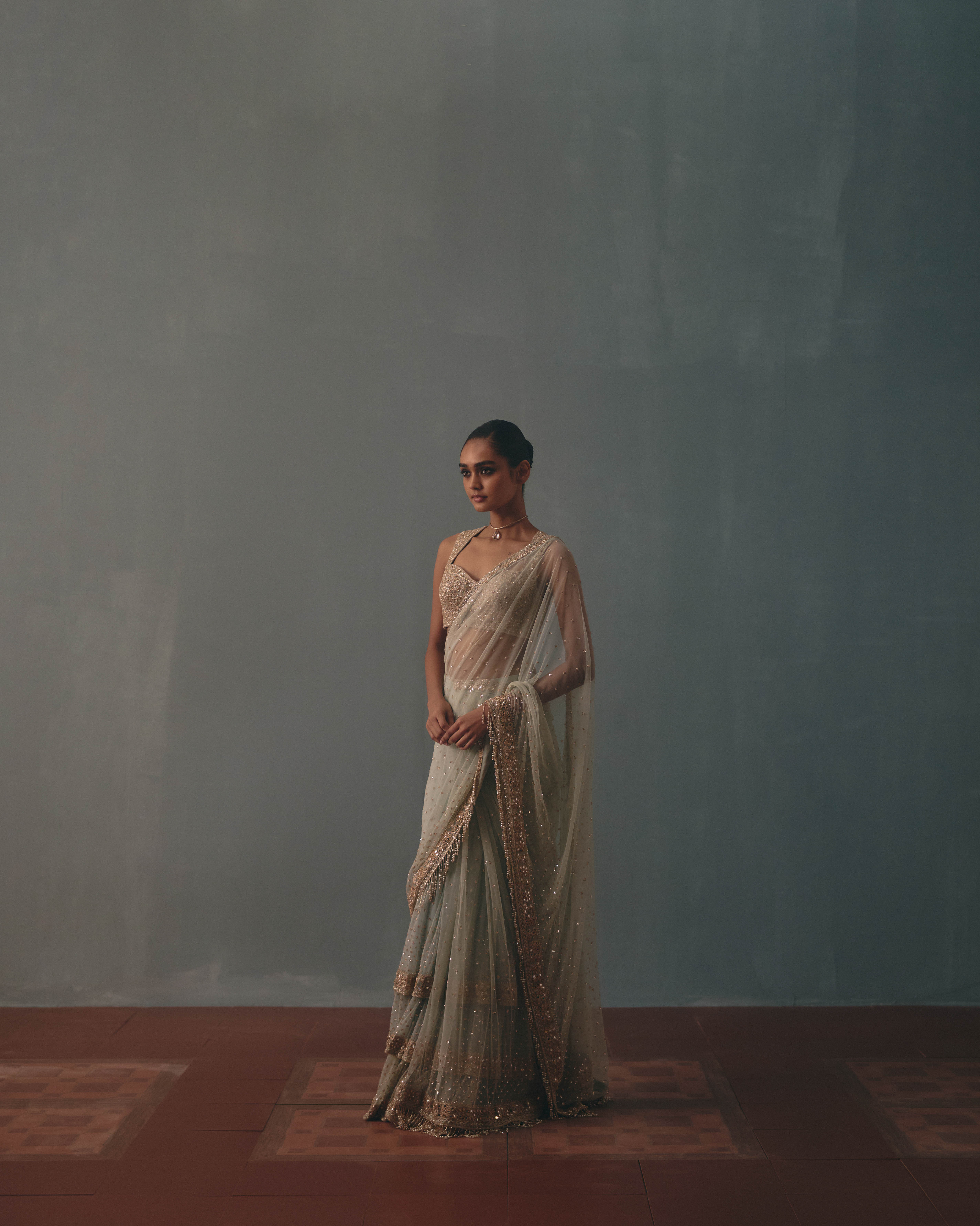Ice blue & rose gold hand embroidered tiered net sari set - Image 3