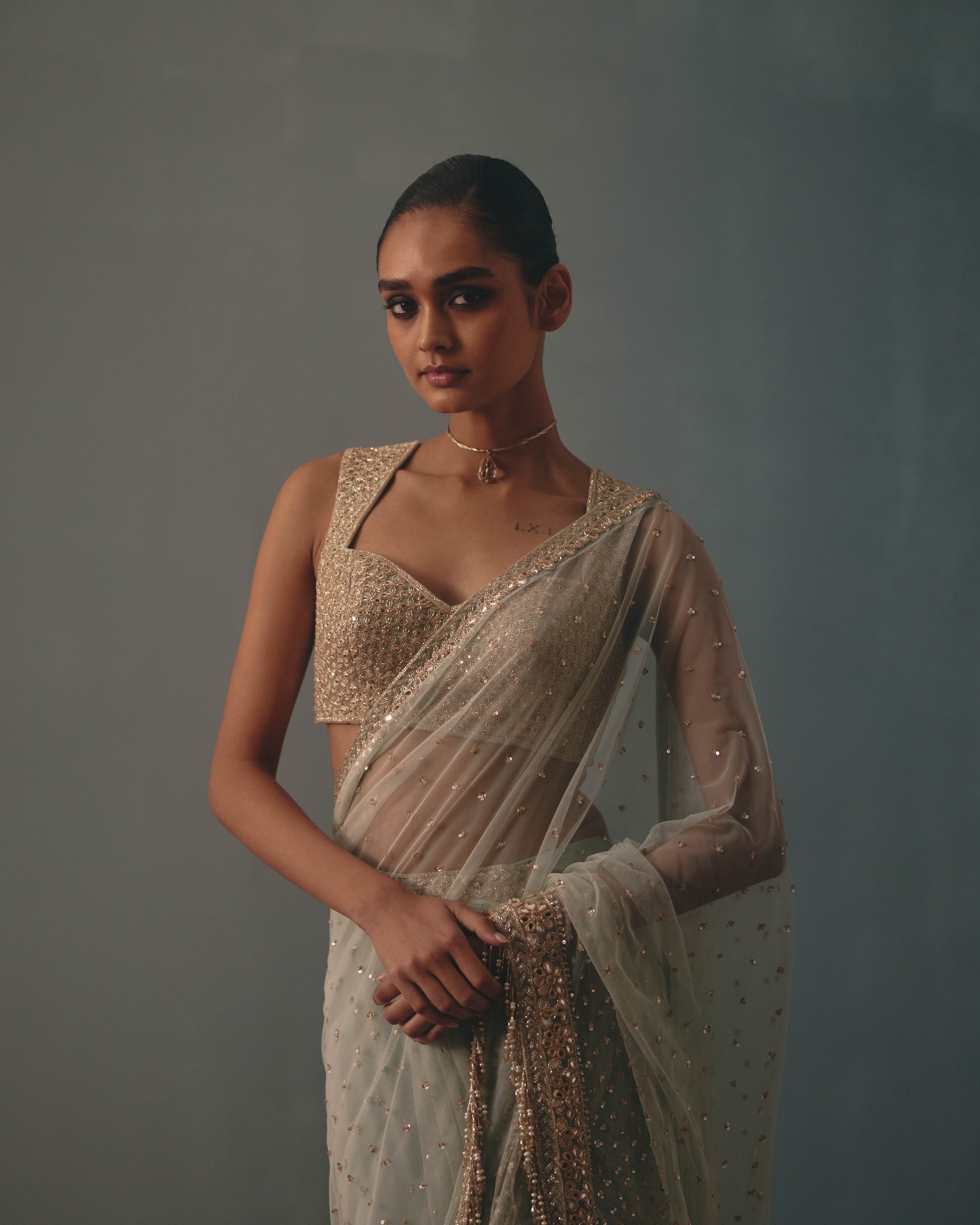 Ice blue & rose gold hand embroidered tiered net sari set - Image 5