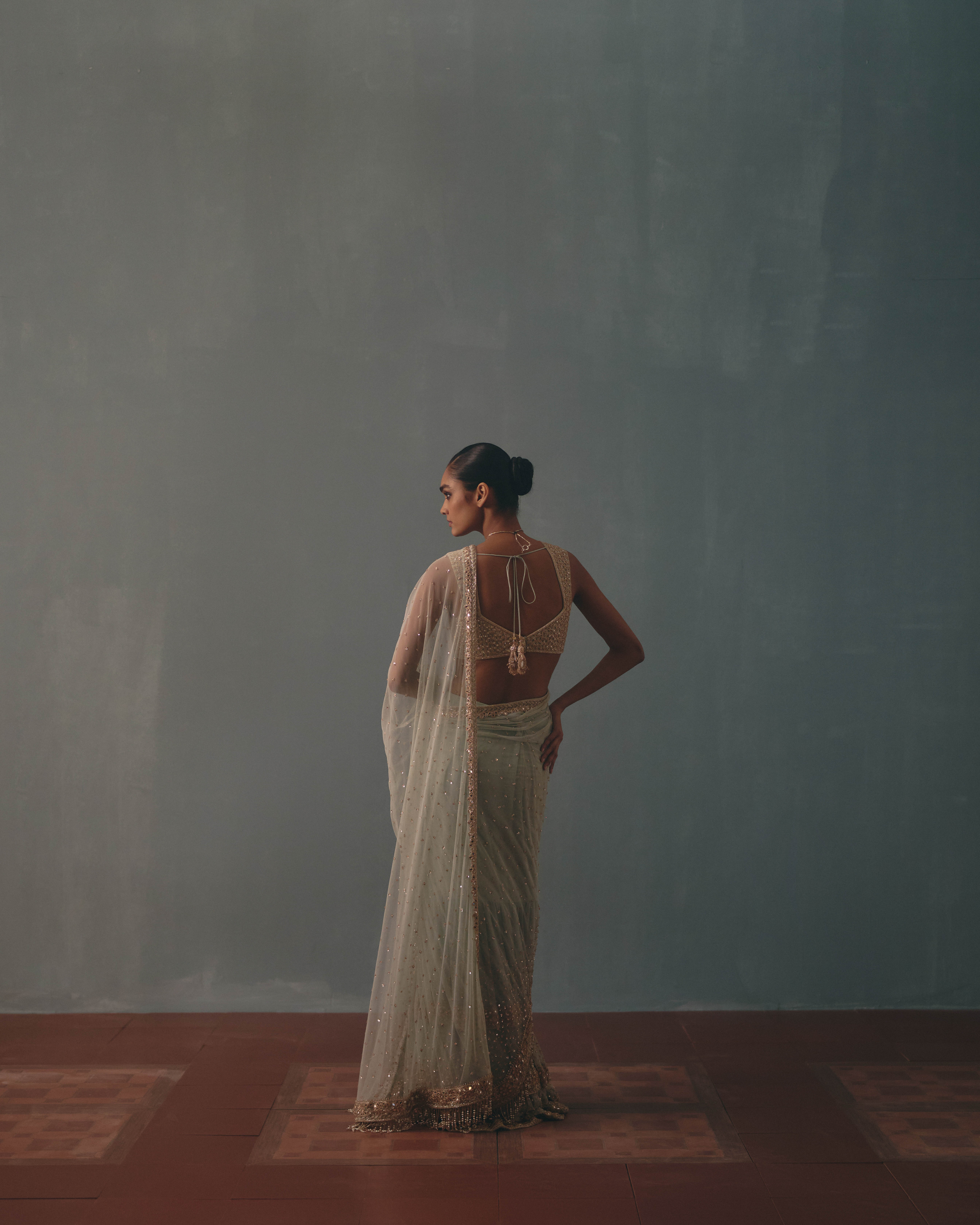 Ice blue & rose gold hand embroidered tiered net sari set - Image 4