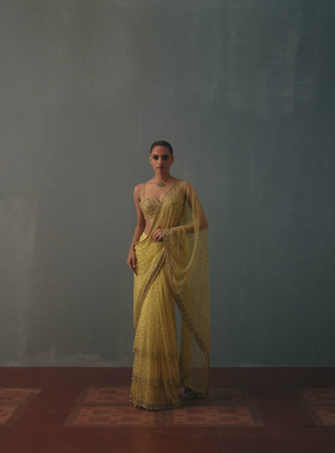 Butter yellow & pani gold hand embroidered tiered net sari set