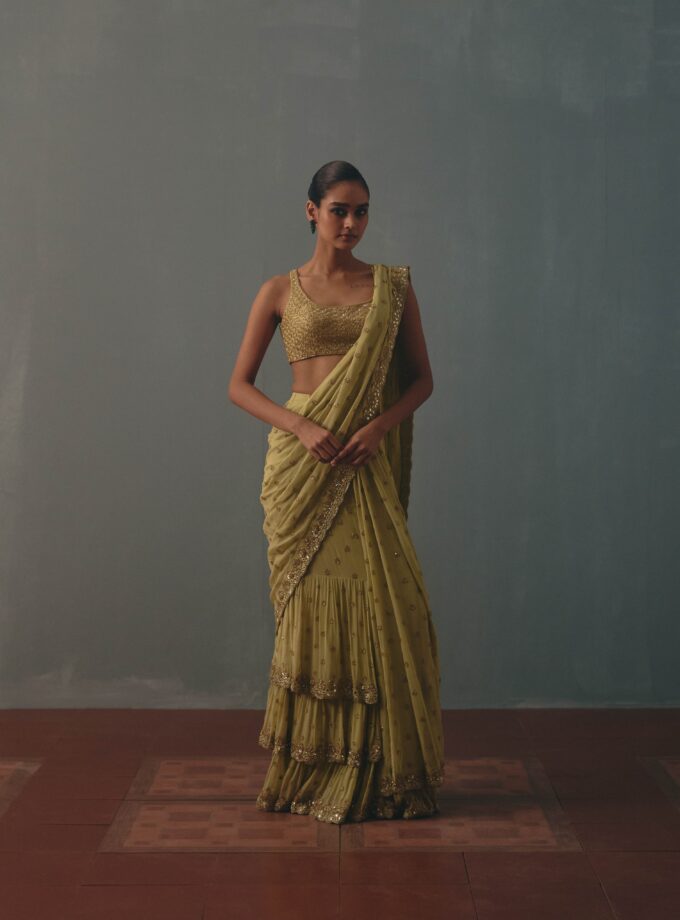 Mint green & pani gold hand embroidered tiered sari set