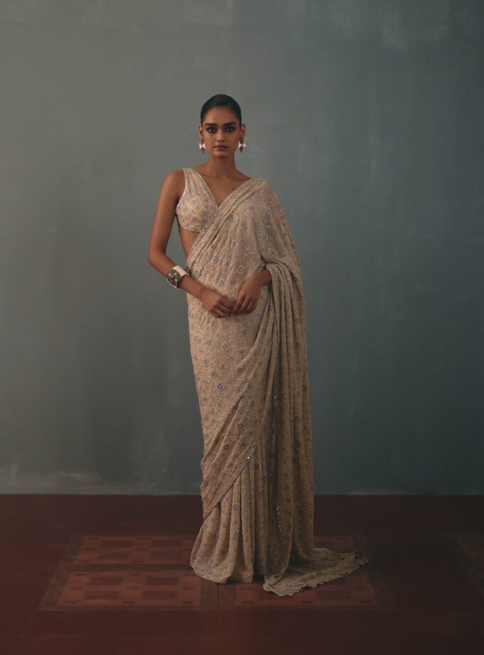 Coconut & multi thread hand embroidered sari set