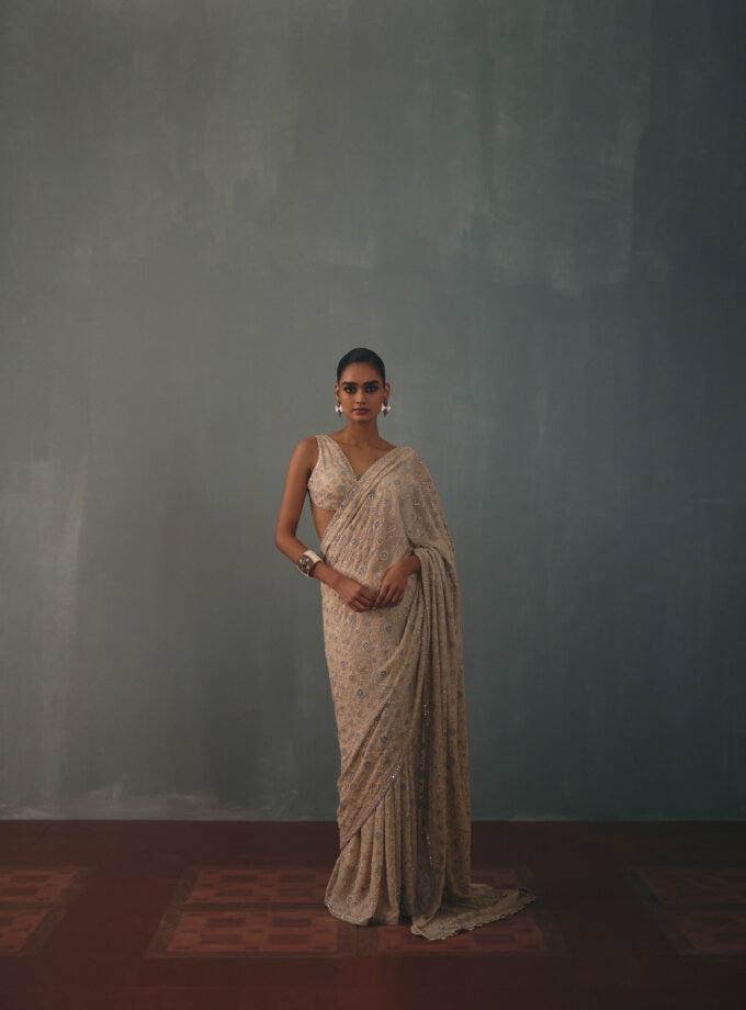 Coconut & multi thread hand embroidered sari set
