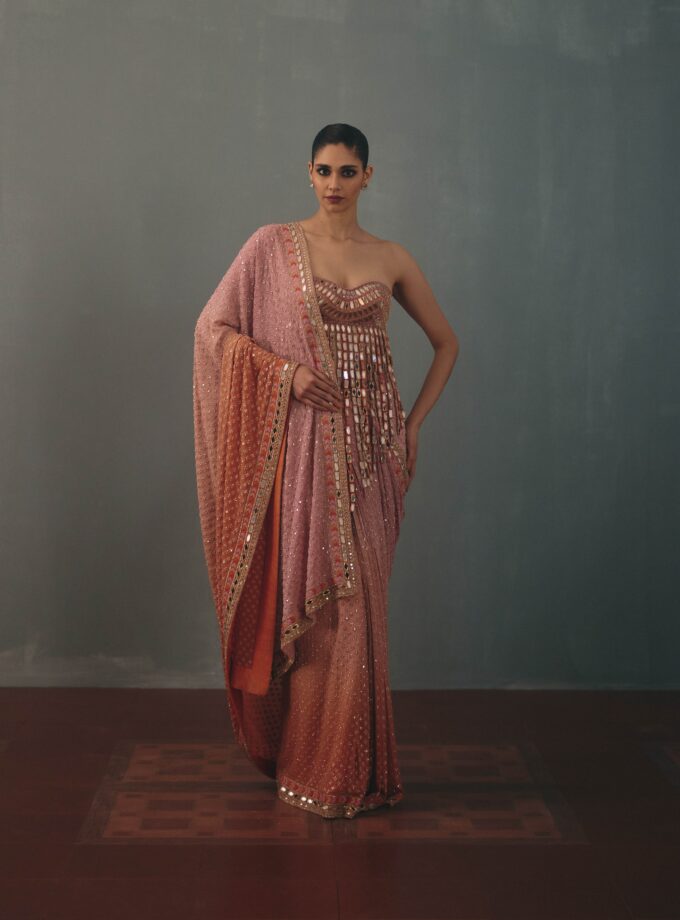Baby orchid & peach shaded hand embroidered sari set