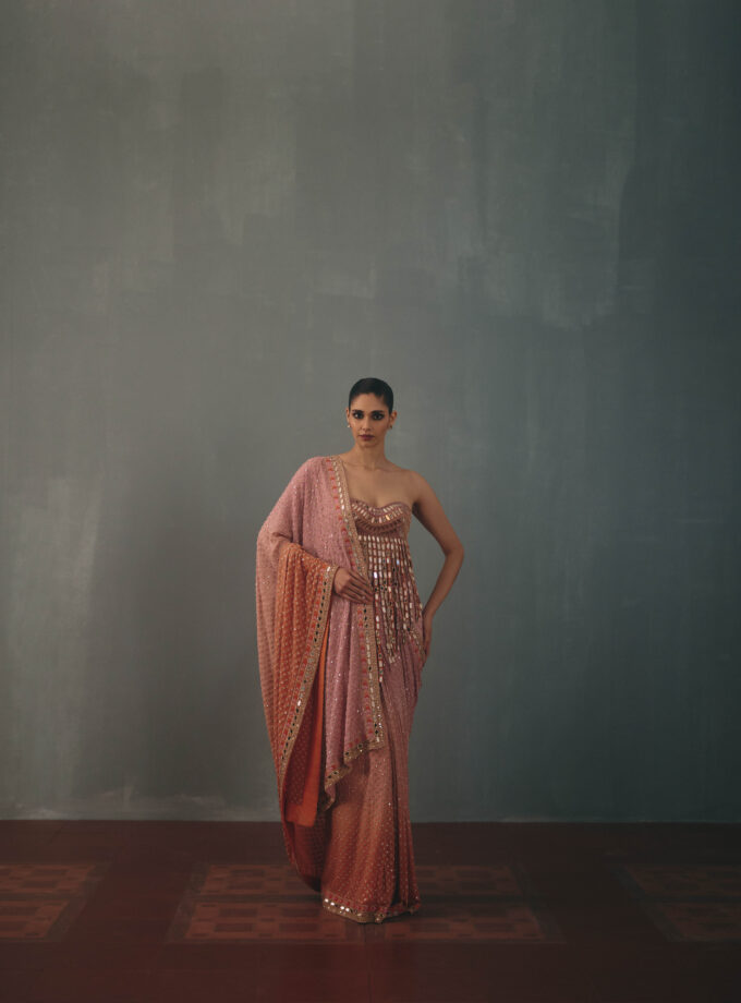 Baby orchid & peach shaded hand embroidered sari set