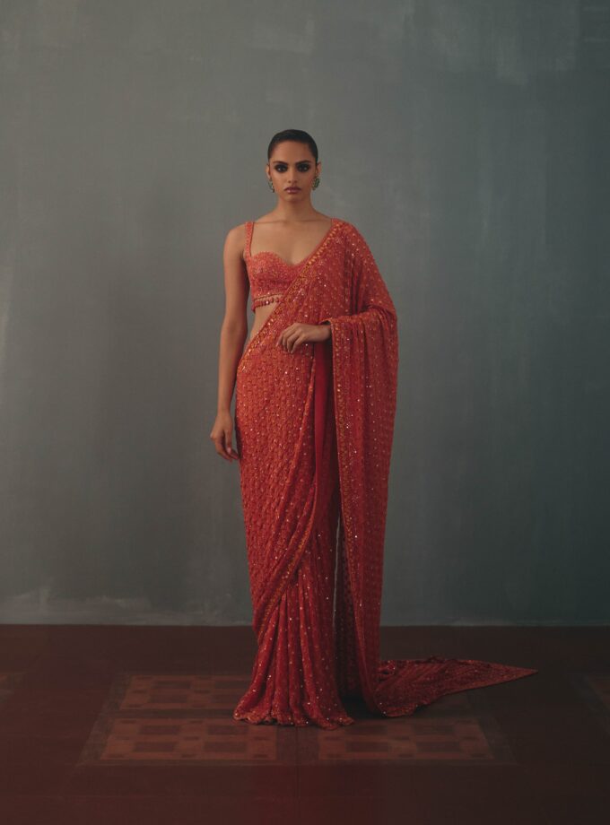 Coral & multi thread hand embroidered sari set