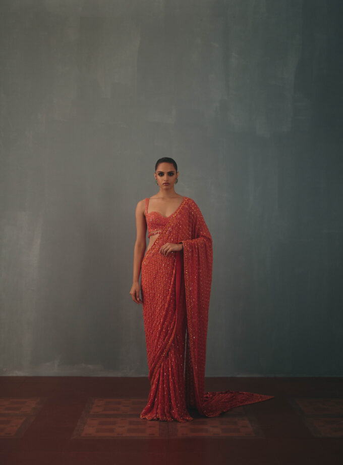 Coral & multi thread hand embroidered sari set