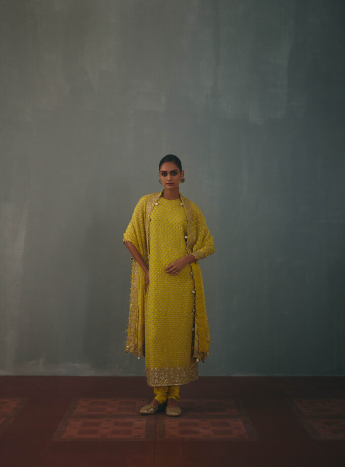 Lime hand embroidered star kurta set