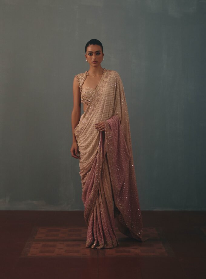 Coconut & dust pink shaded hand embroidered sari set