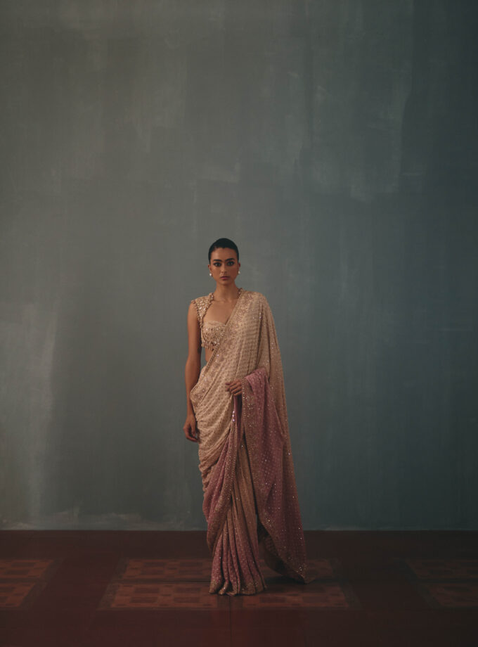Coconut & dust pink shaded hand embroidered sari set