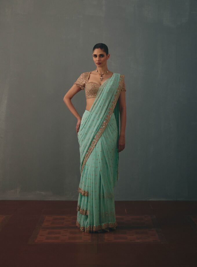 Light turquoise & rose gold hand embroidered tiered sari set