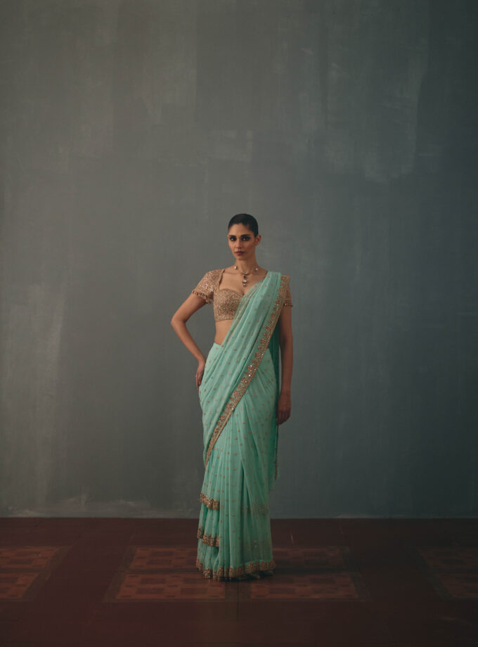 Light turquoise & rose gold hand embroidered tiered sari set