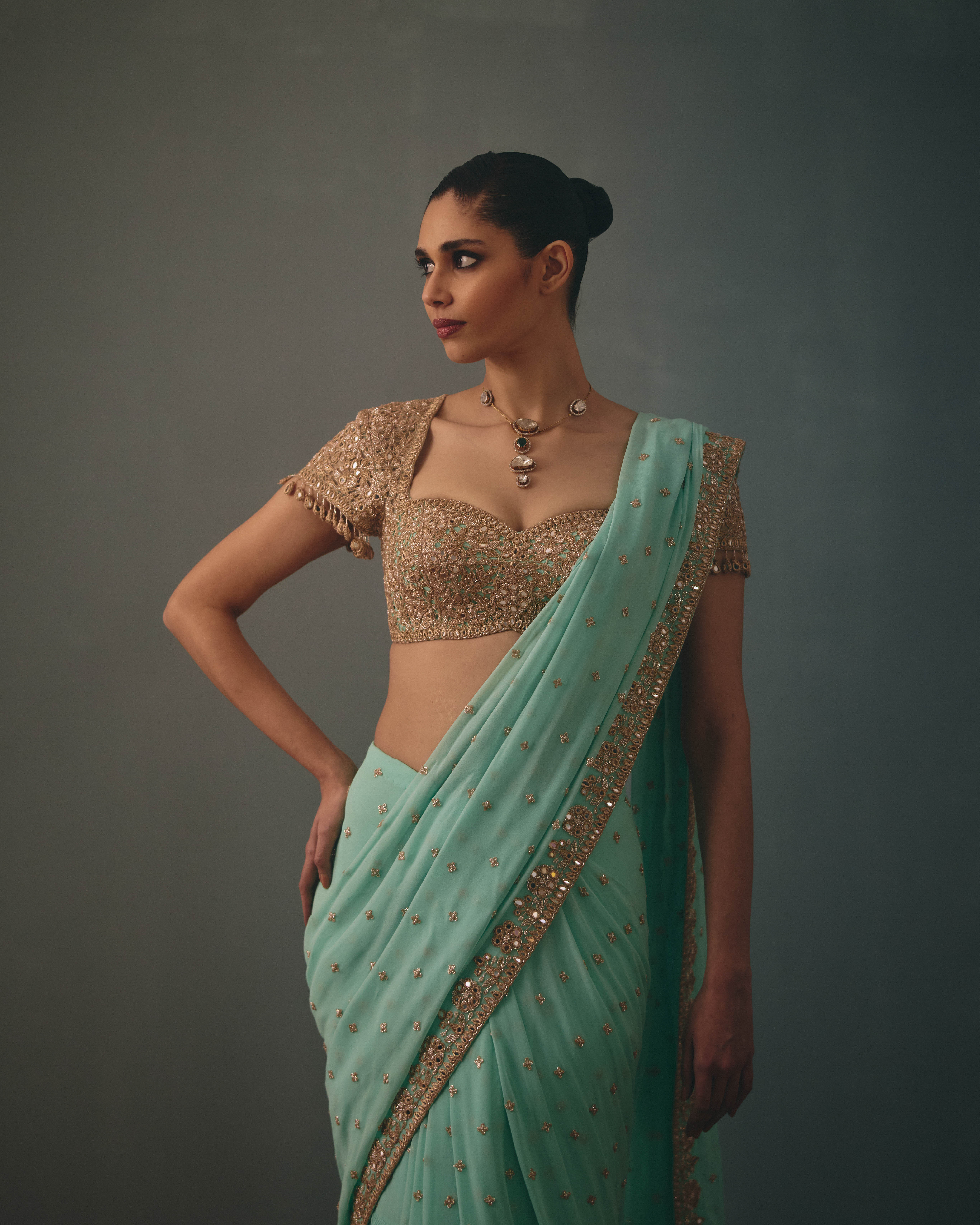 Light turquoise & rose gold hand embroidered tiered sari set - Image 5