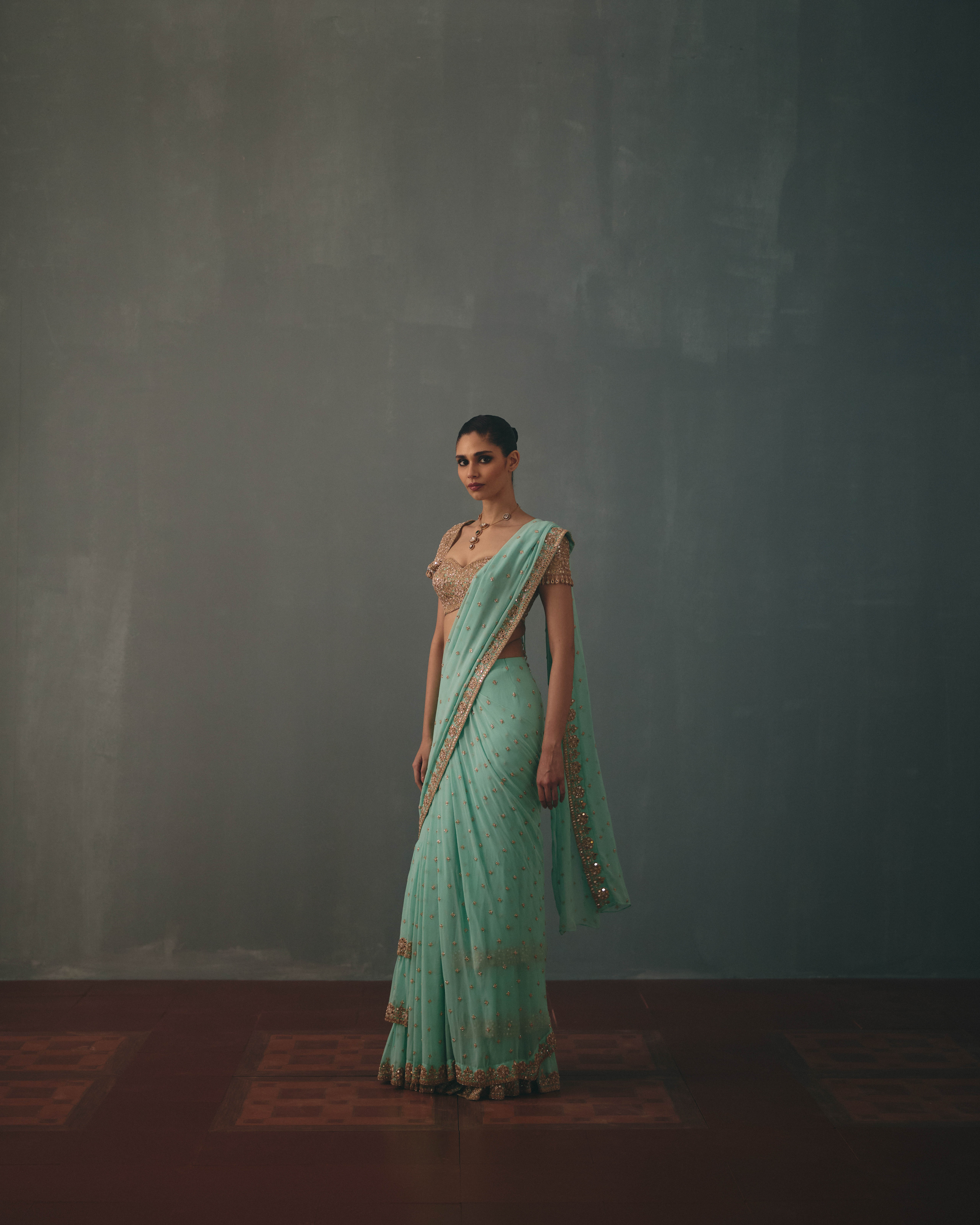 Light turquoise & rose gold hand embroidered tiered sari set - Image 2
