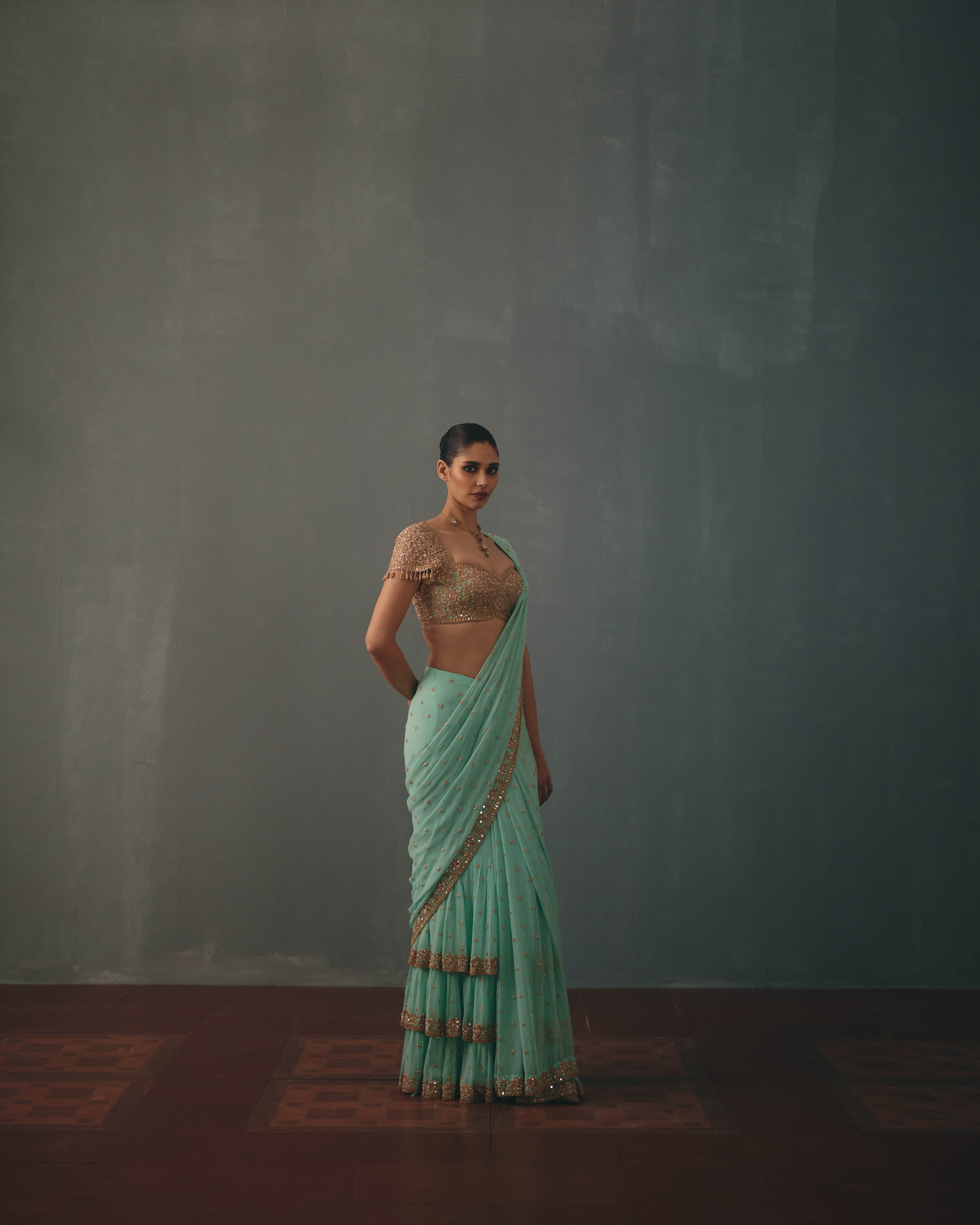 Light turquoise & rose gold hand embroidered tiered sari set - Image 3