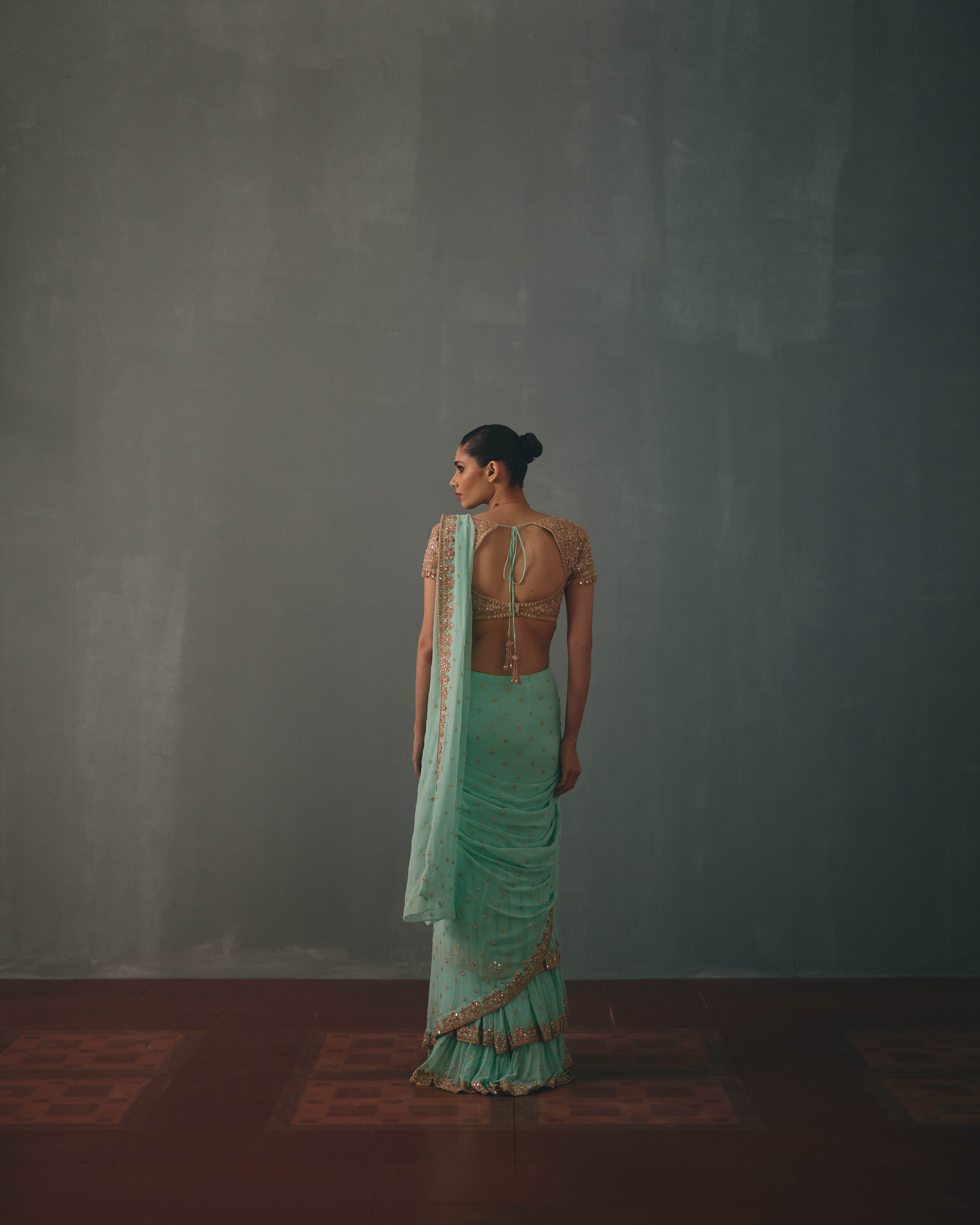 Light turquoise & rose gold hand embroidered tiered sari set - Image 4