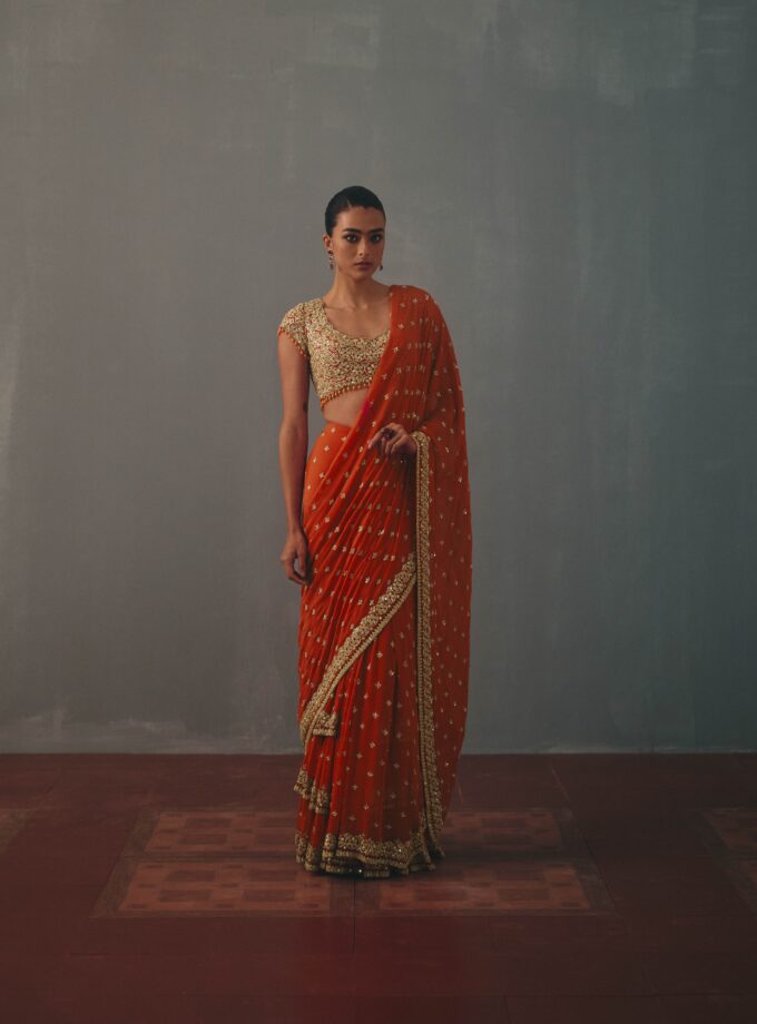Sindoori & rose gold hand embroidered tiered sari set
