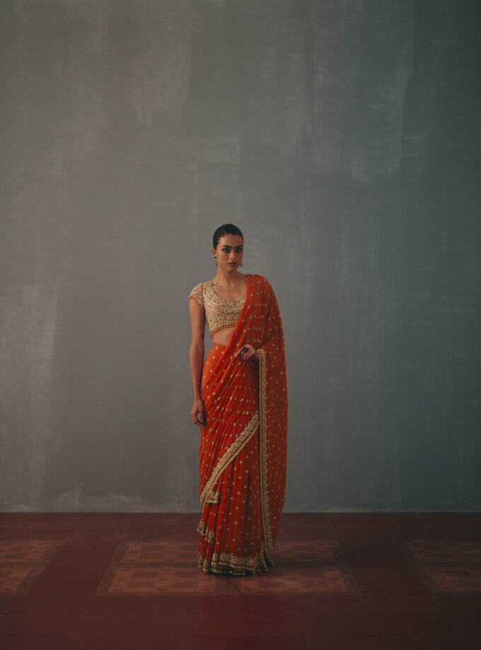 Sindoori & rose gold hand embroidered tiered sari set