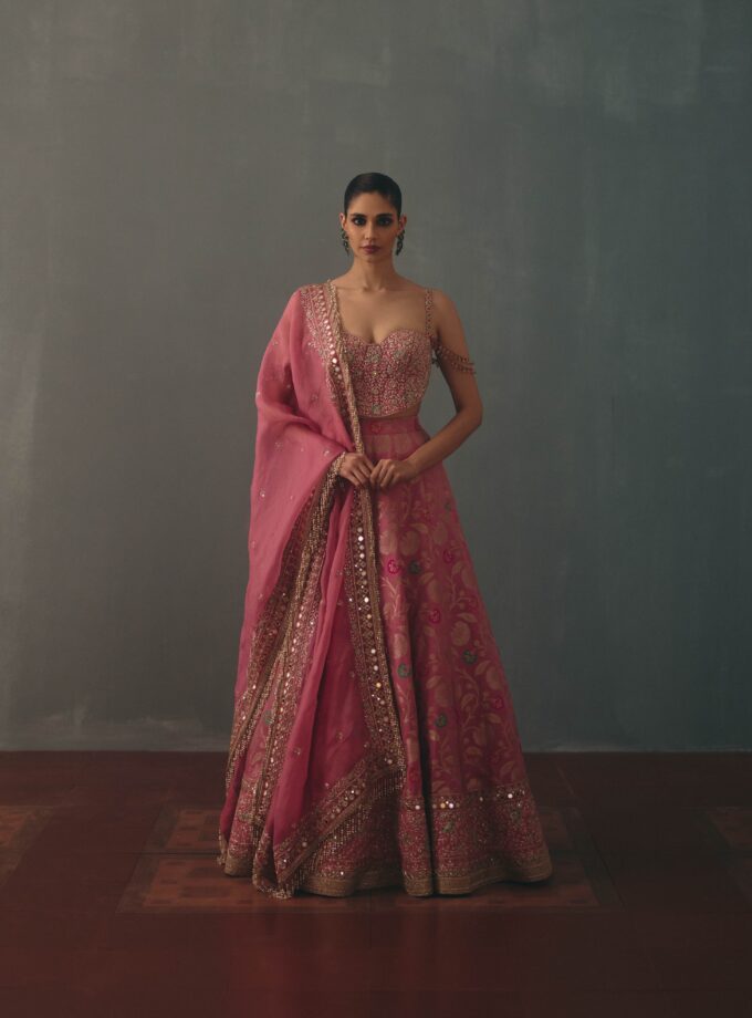 Pink hand embroidered banarasi lehehga set
