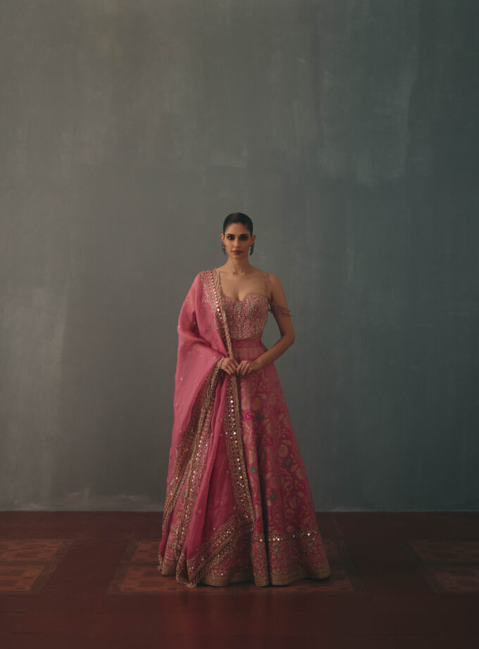 Pink hand embroidered banarasi lehehga set