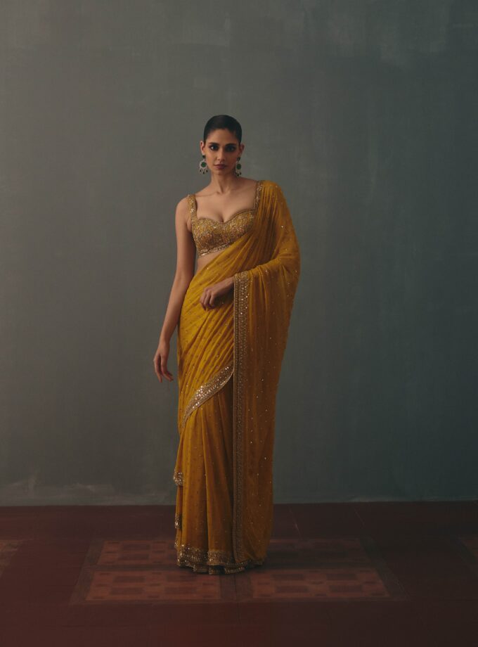 Mustard & pani gold hand embroidered tiered sari set