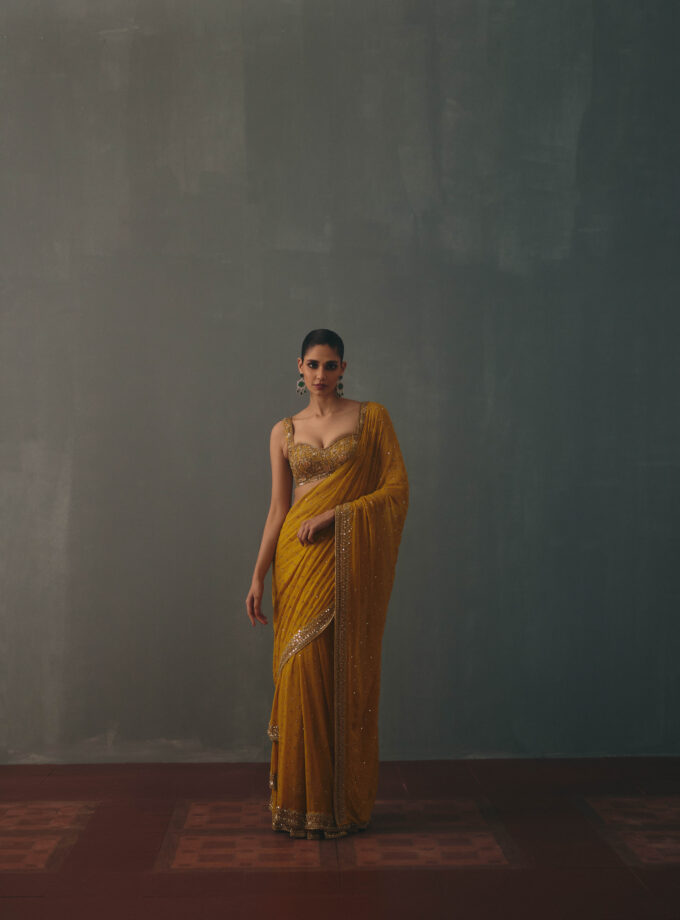 Mustard & pani gold hand embroidered tiered sari set