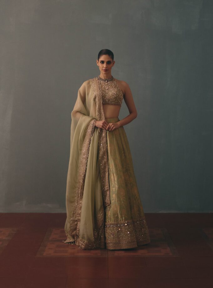 Sage green hand embroidered banarasi lehenga set