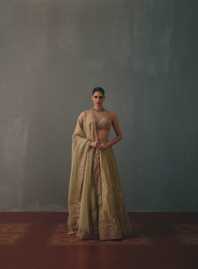 Sage green hand embroidered banarasi lehenga set