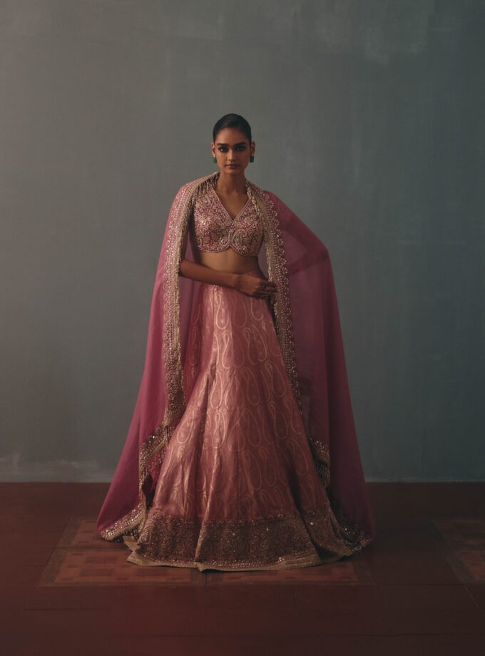 Mauve hand embroidered banarasi lehenga set
