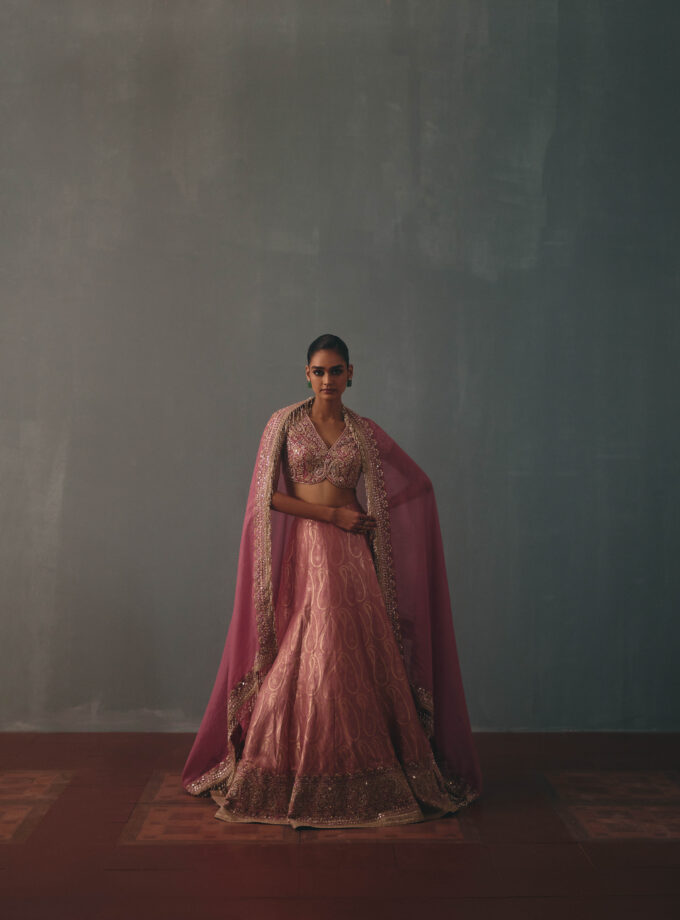 Mauve hand embroidered banarasi lehenga set