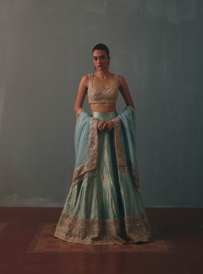 Ice blue hand embroidered banarasi lehenga set