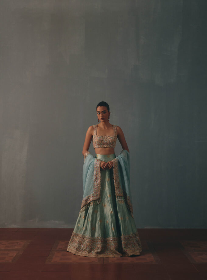 Ice blue hand embroidered banarasi lehenga set