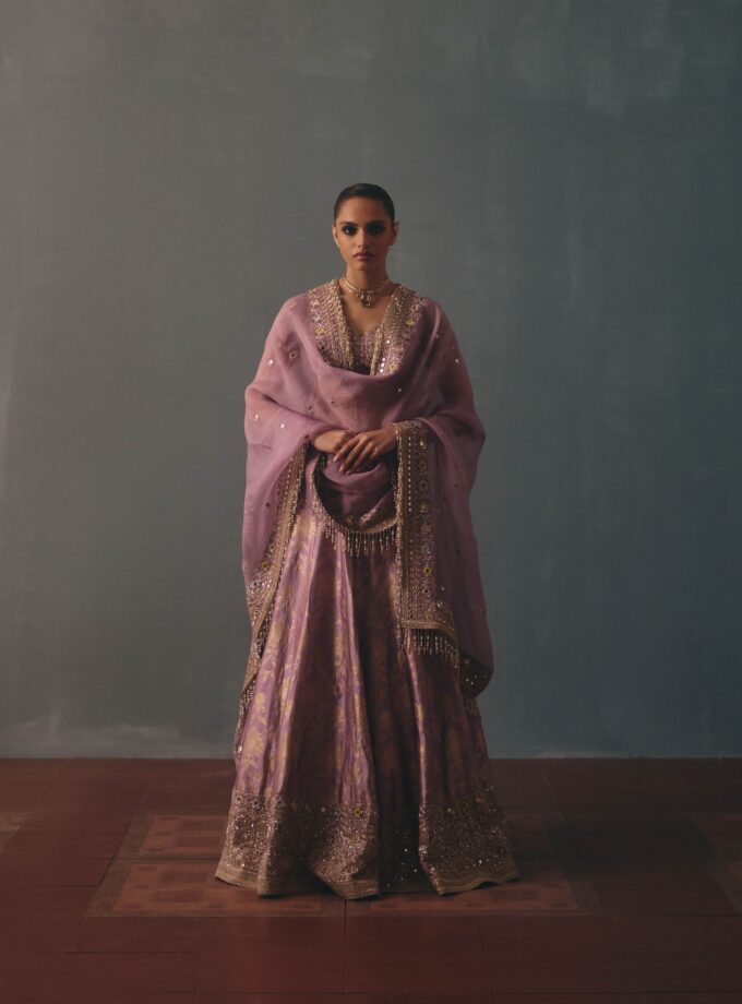 Lavender hand embroidered banarasi lehenga set