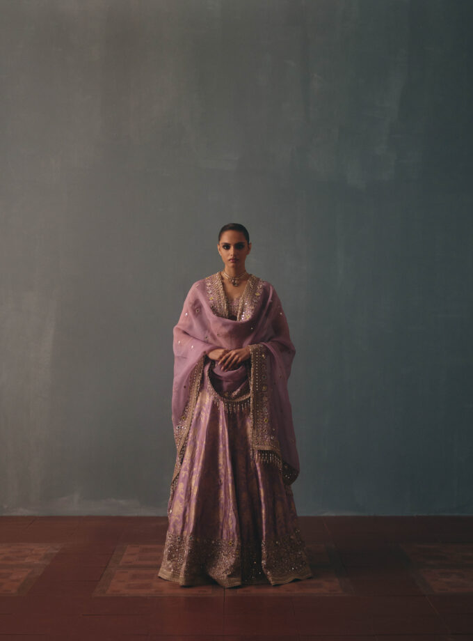 Lavender hand embroidered banarasi lehenga set