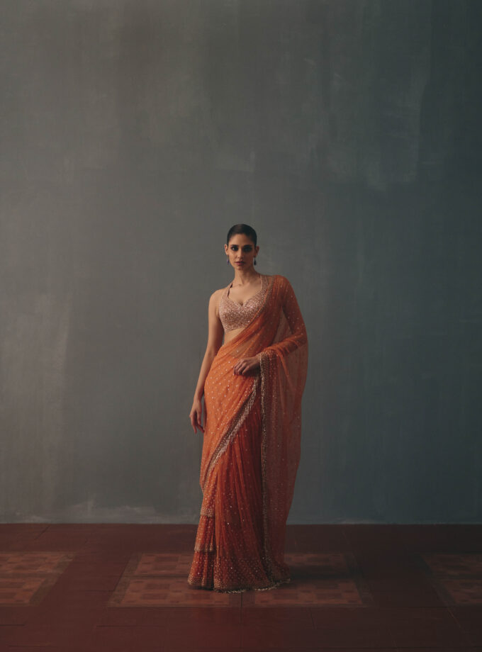 Peach fuzz & rose gold hand embroidered tiered net sari set