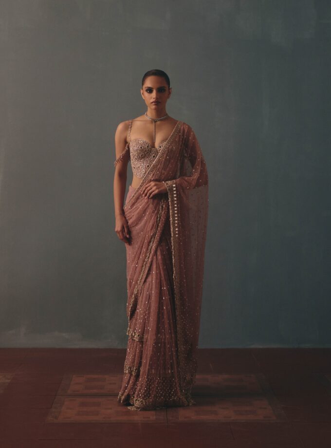 Mauve & rose gold hand embroidered tiered net sari set