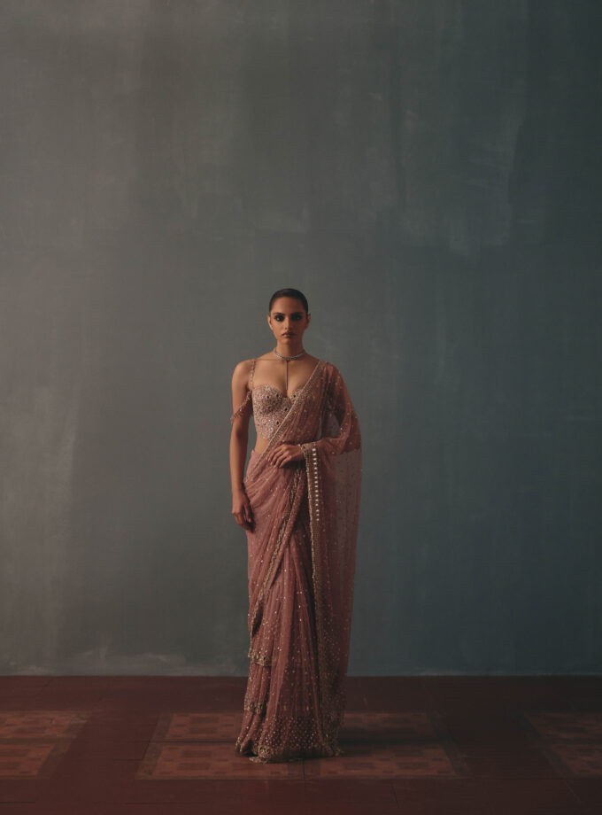 Mauve & rose gold hand embroidered tiered net sari set