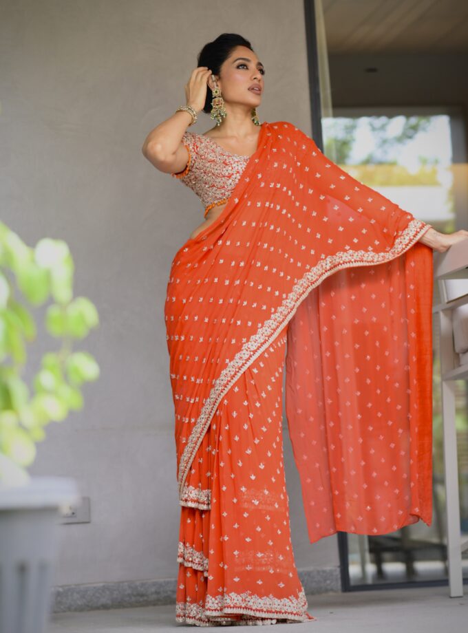 Sindoori & rose gold hand embroidered tiered sari set