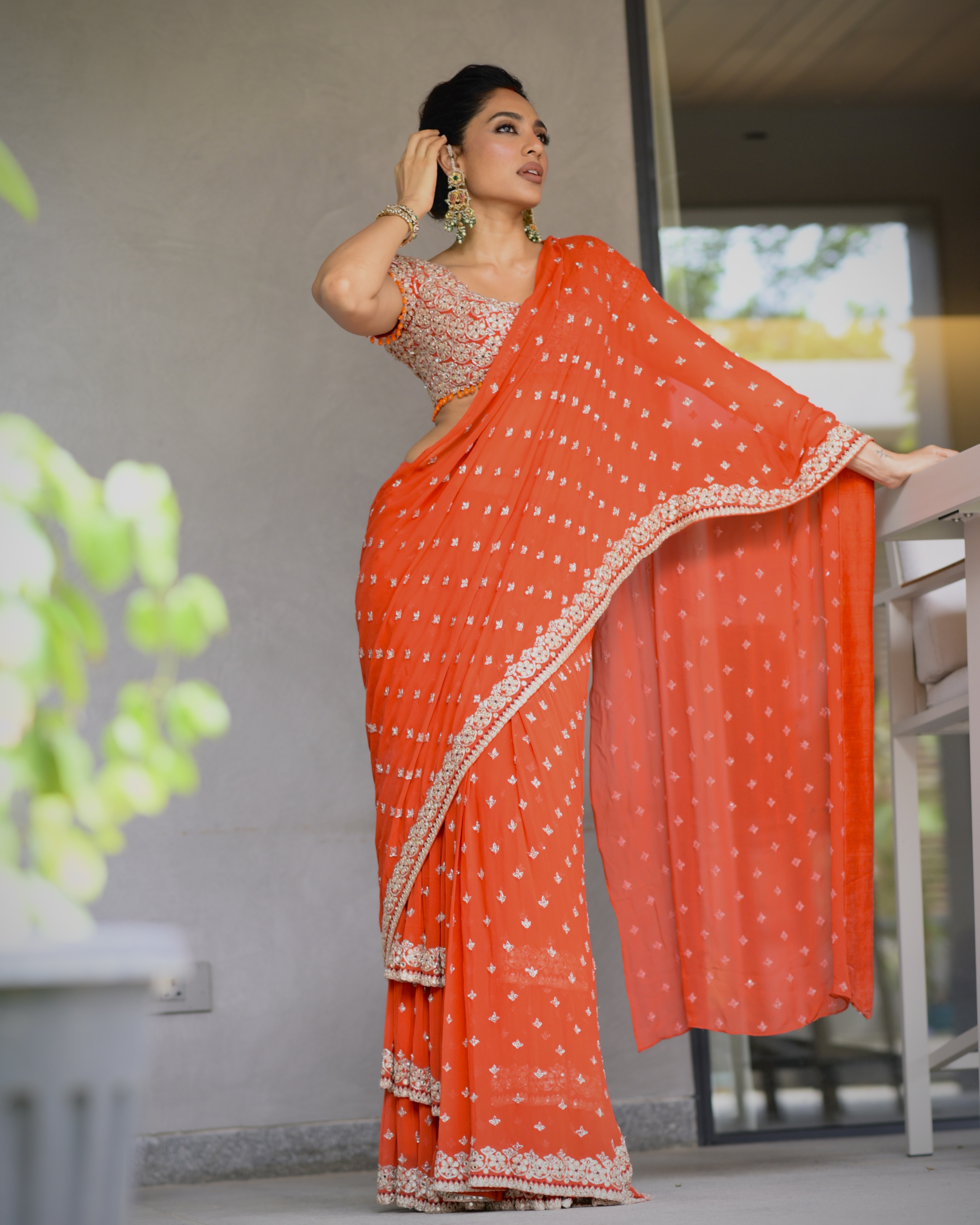 Sindoori & rose gold hand embroidered tiered sari set